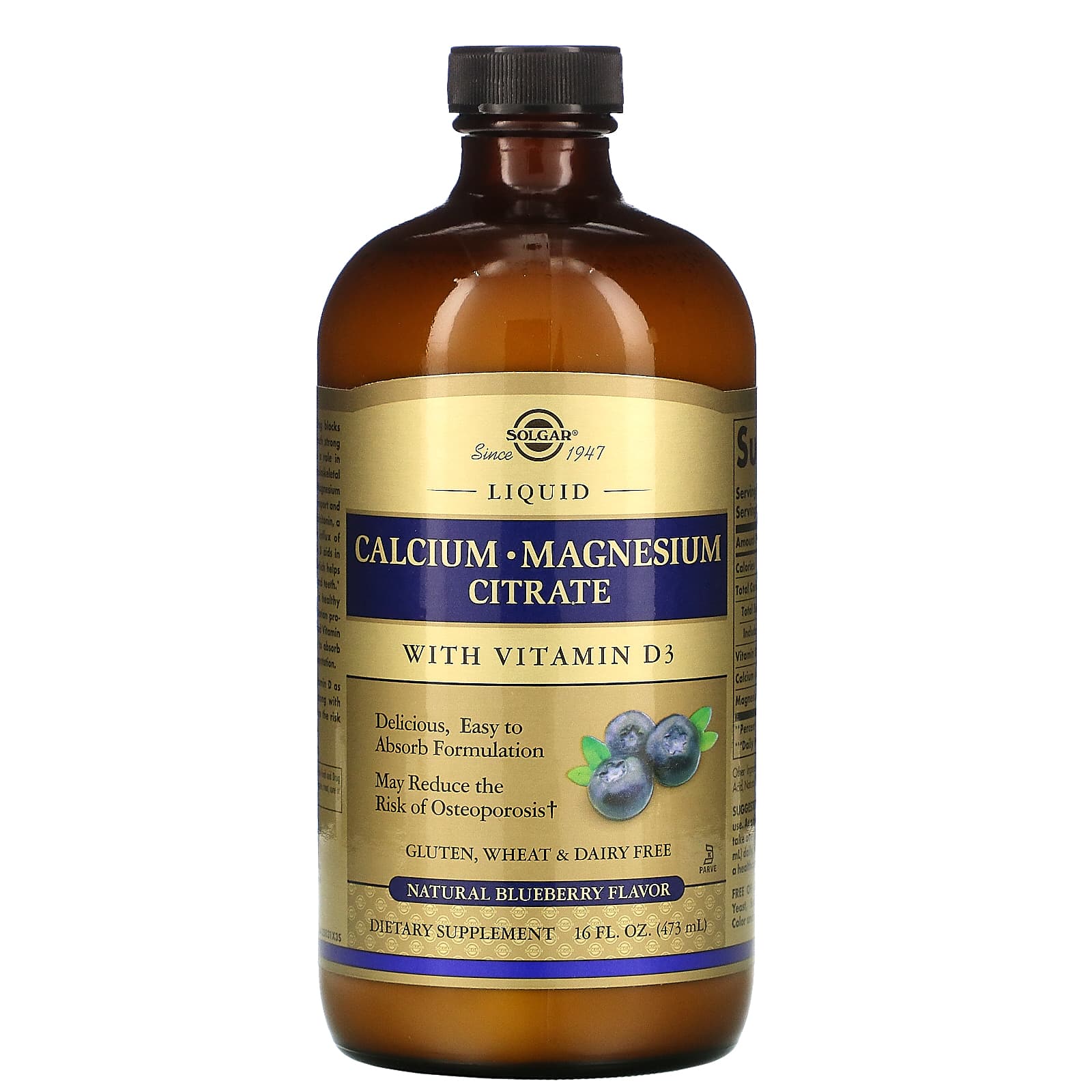Solgar, Calcium Magnesium Citrate With Vitamin D3 Liquid Natural Blueberry Flavor, 16 Oz UPC 033984358317 | HiLife Vitamins